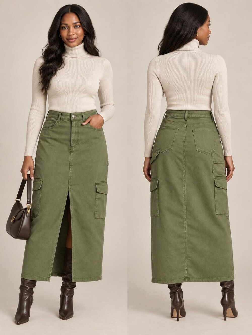 Ricki’s Olive Green Cargo Maxi Skirt Size 10 Utility Front Slit Stretch